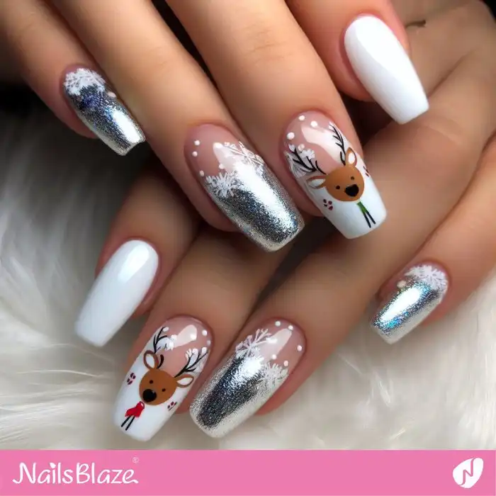 Silver and White Winter Nails with Reindeer Head Design | Christmas Nails - NB1391