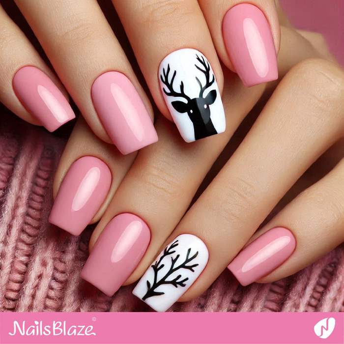 Reindeer Design for Short Pink Nails | Christmas Reindeer Nails - NB6835