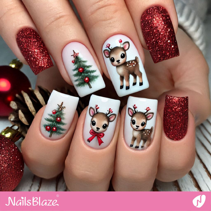 Christmas Theme Nails with Baby Reindeer | Christmas Reindeer Nails - NB6836