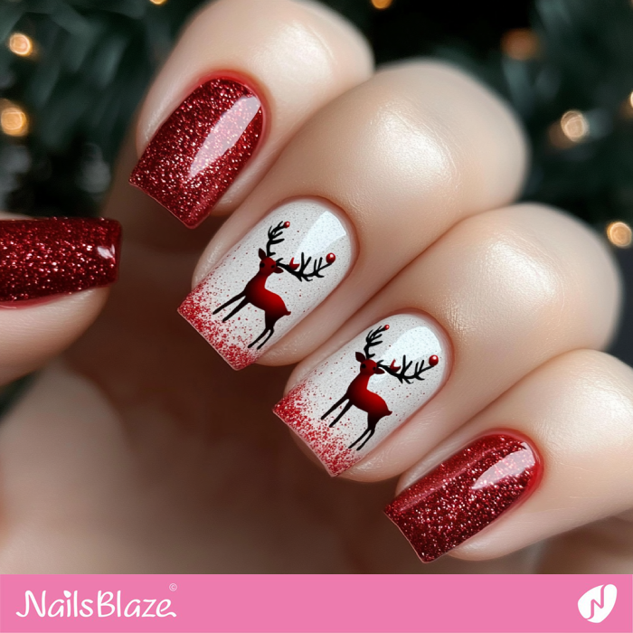 Reindeer Christmas Nails with Red Glitter Design | Christmas Reindeer Nails - NB6827