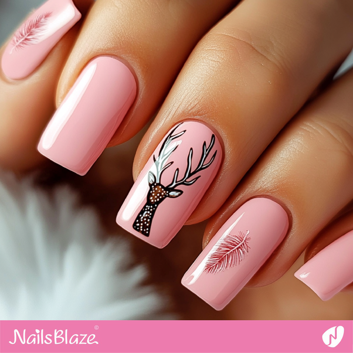 Cute Reindeer for Pink Nails Design | Christmas Reindeer Nails - NB6829