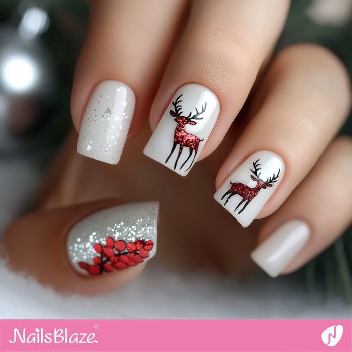 Red Glitter Reindeer Nails Design | Christmas Reindeer Nails - NB6830