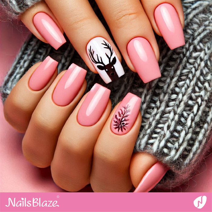 Reindeer Head Design for Pink Nails | Christmas Reindeer Nails - NB6831