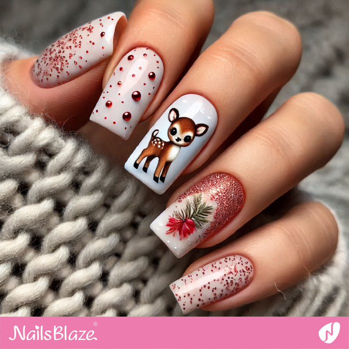 Embellished Nails with Cute Baby Reindeer | Christmas Reindeer Nails - NB6832