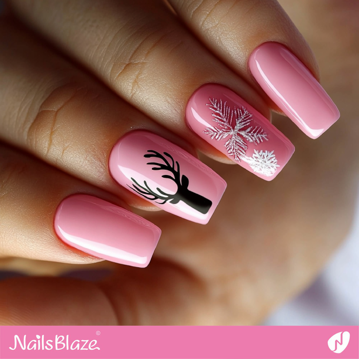 Pink Nails with Silhouette Reindeer | Christmas Reindeer Nails - NB6833