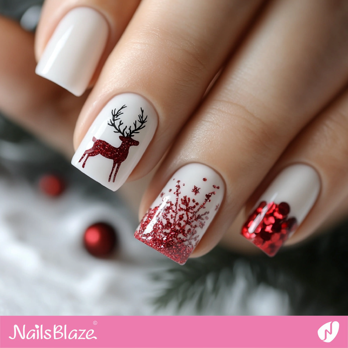 Glitter Design for White Reindeer Nails | Christmas Reindeer Nails - NB6834