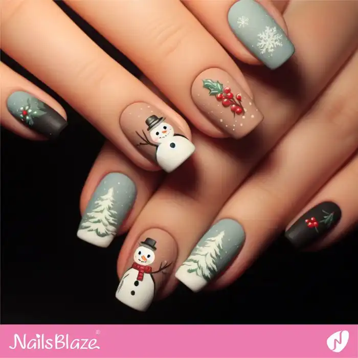 Matte Snowman and Christmas Trees Nails | Christmas | Winter - NB1308