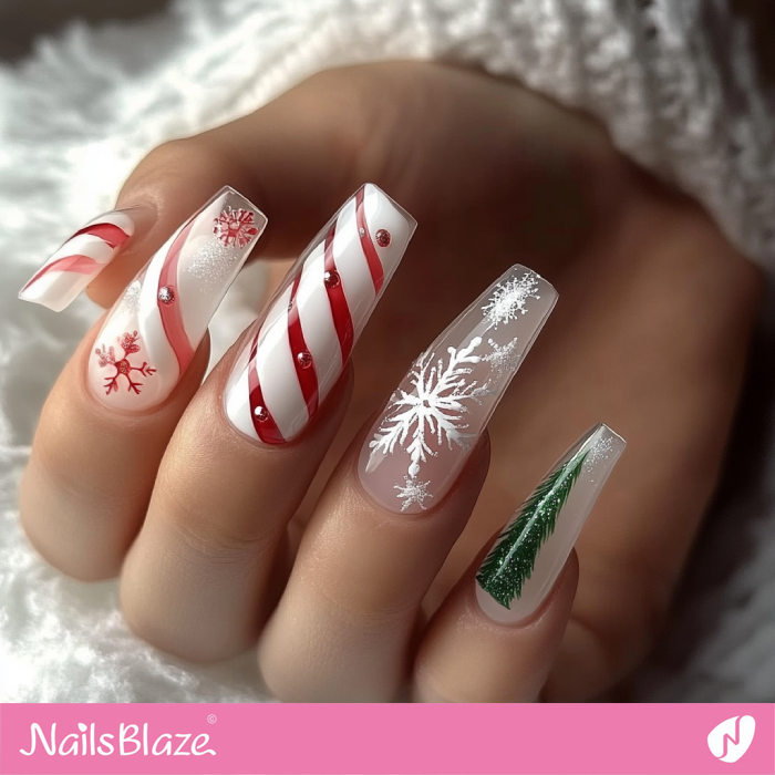 Candy Cane and Snowflake Nails Design | Candy Cane Christmas Nails - NB6760