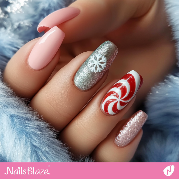 Nails with Candy Cane and Glitter Design | Candy Cane Christmas Nails - NB6762