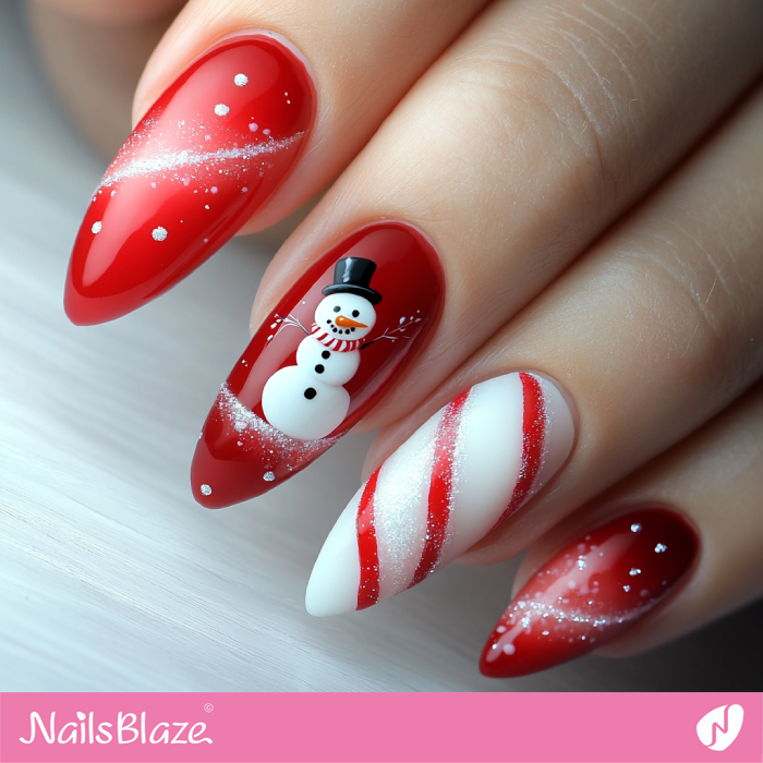 Cute Snowman and Candy Cane Nails | Candy Cane Christmas Nails - NB6763