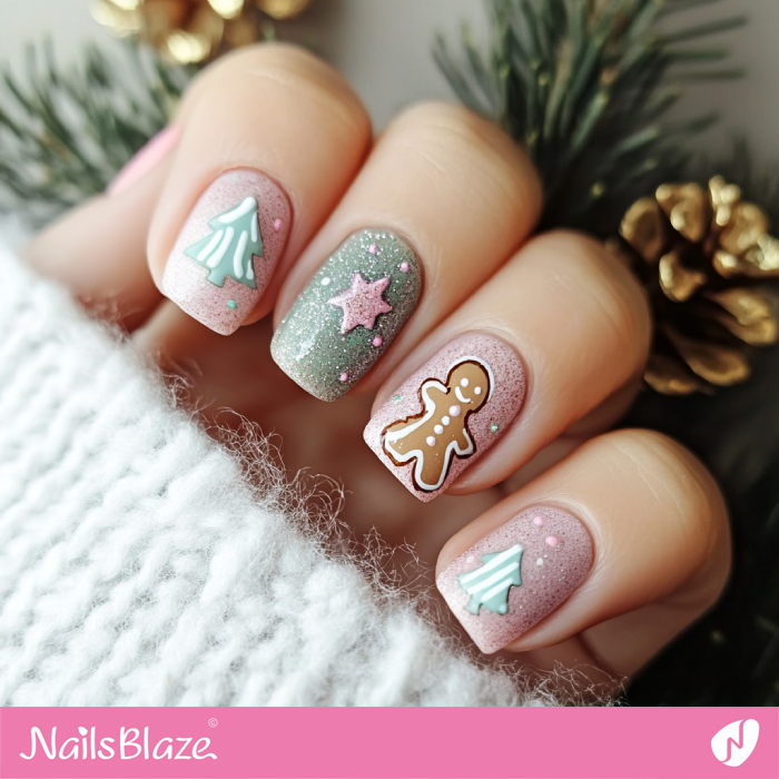 Short Pink Nails Gingerbread Design | Christmas Gingerbread Nails - NB6793