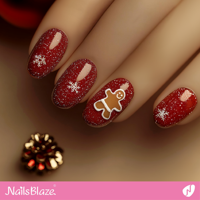 Red Snowflake Nails with a Gingerbread | Christmas Gingerbread Nails - NB6794