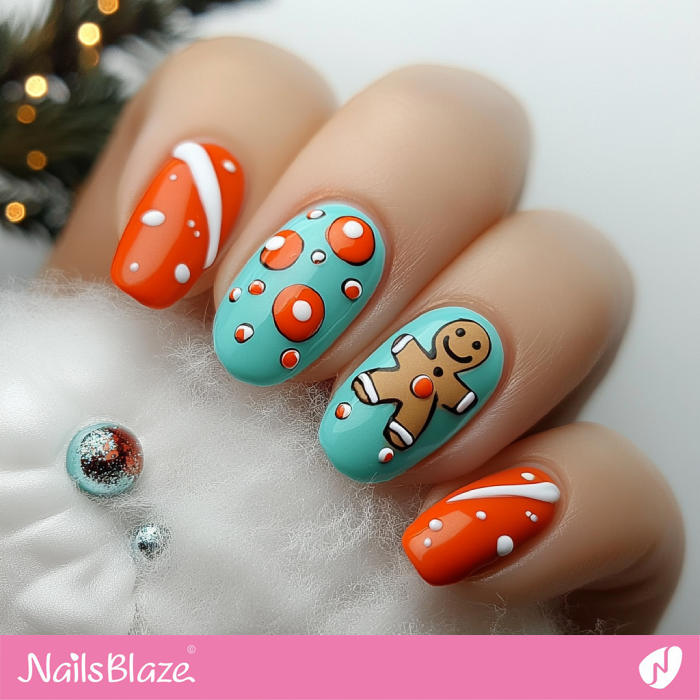 Gingerbread Theme Blue and Orange Nails | Christmas Gingerbread Nails - NB6798