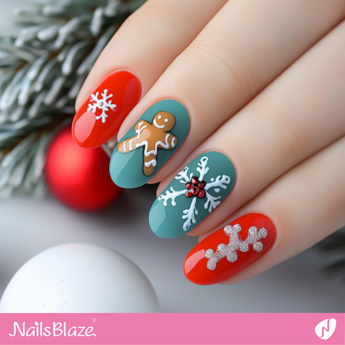 Gingerbread and Snowflake Short Nails Design | Christmas Gingerbread Nails - NB6799