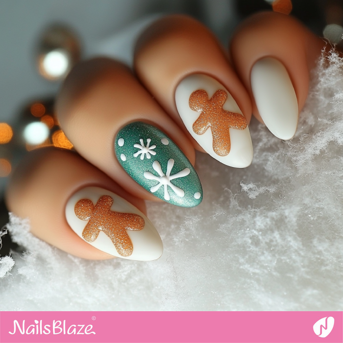 White Matte Nails Gingerbread Design | Christmas Gingerbread Nails - NB6800