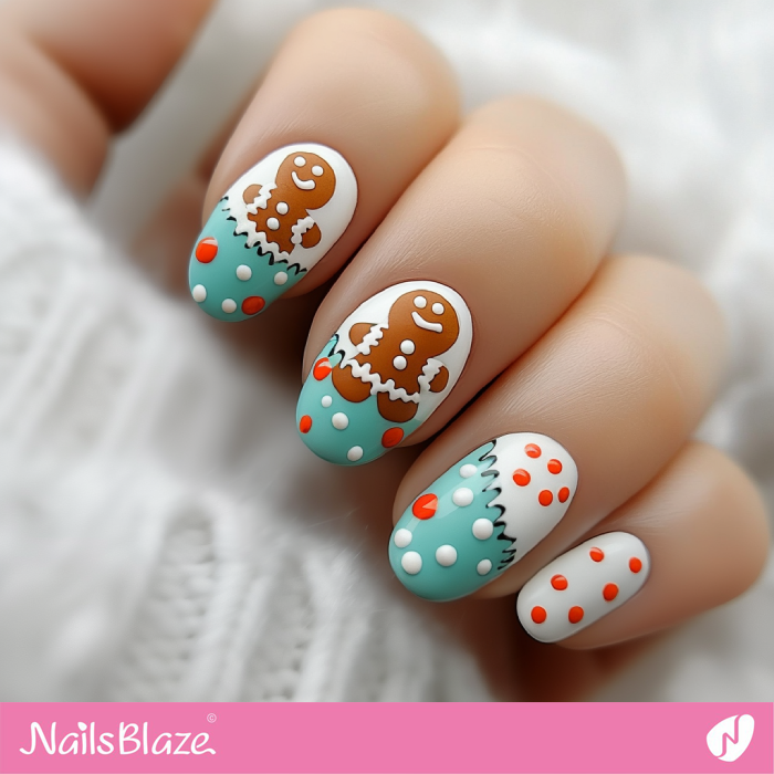 Short Polka Dot Nails with Gingerbread | Christmas Gingerbread Nails - NB6805