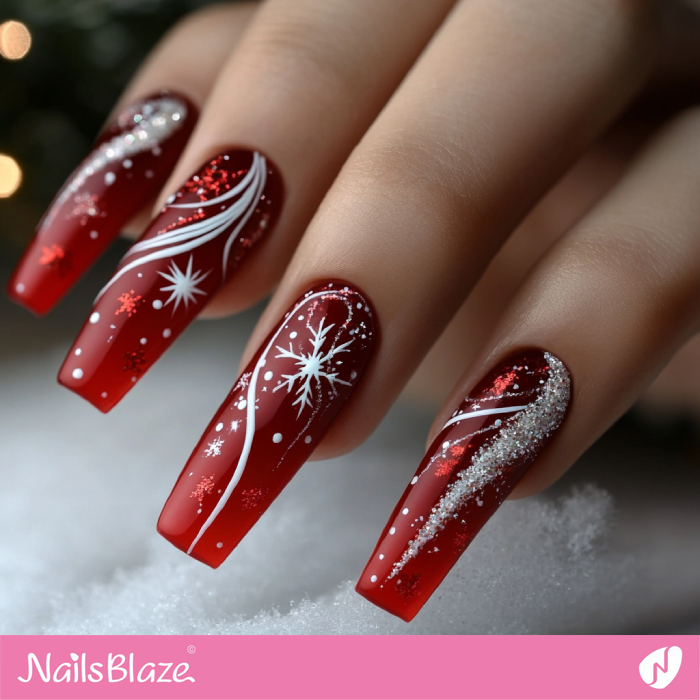 Snowflake and Glitter Design for Red Nails | Red Christmas Nails - NB6774