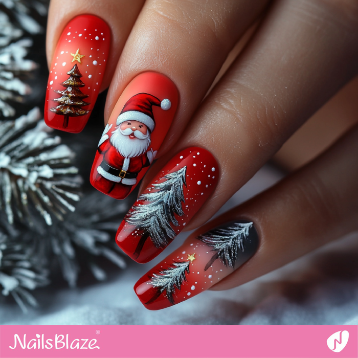 Santa Claus and Christmas Tree Nails Design | Red Christmas Nails - NB6775