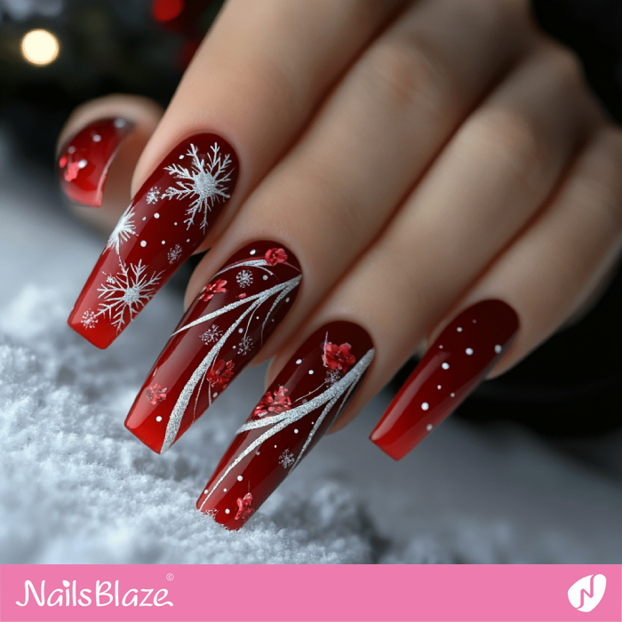 Winter Coffin Nails in Red | Red Christmas Nails - NB6778