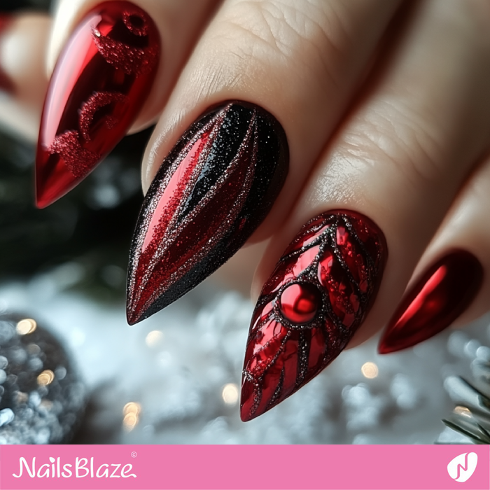 Red Nails with 3D Embellishment | Red Christmas Nails - NB6770