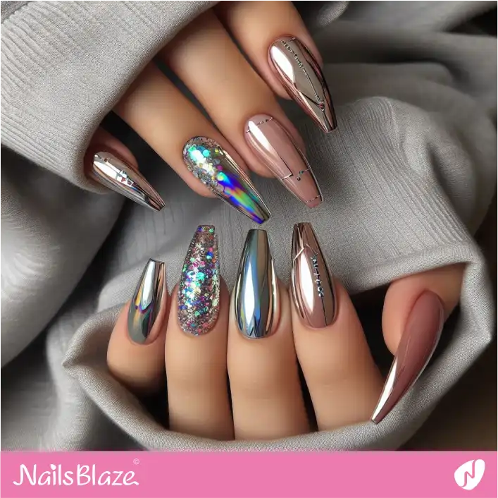 Silver and Champagne Nails with Decoration | Chrome Nails - NB4076