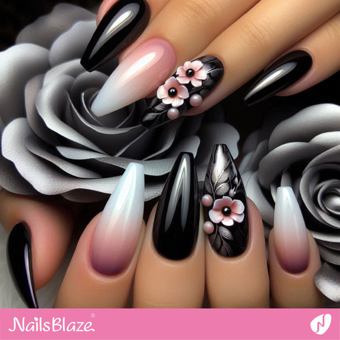 Black Chrome Nails with 3D Flowers | Chrome Nails - NB5309