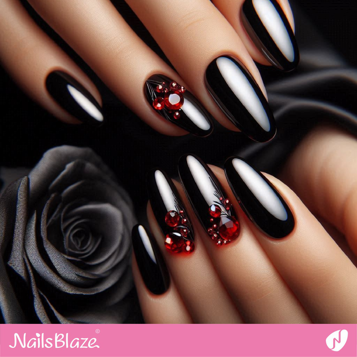 Red Rhinestone Design for Black Chrome Nails | Chrome Nails - NB5310