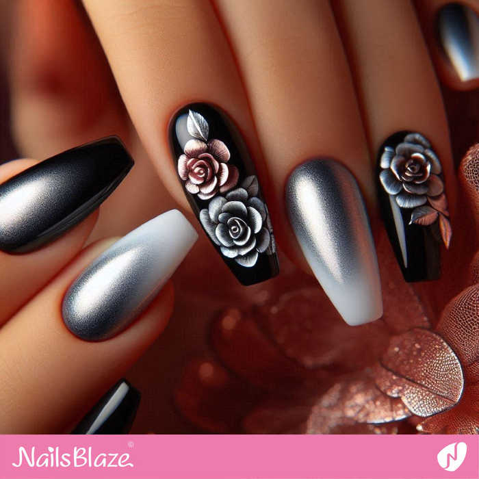 Ombre Nails with Black Chrome Accents | Chrome Nails - NB5311