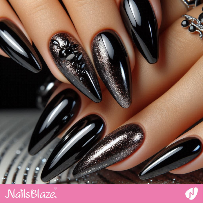 Black Chrome Nails Glitter Design | Chrome Nails - NB5314