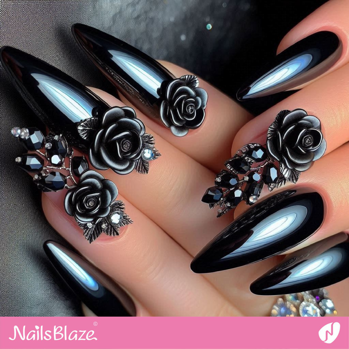 Chrome Nails with Rose Flower 3D Nail Charms | Chrome Nails - NB5315