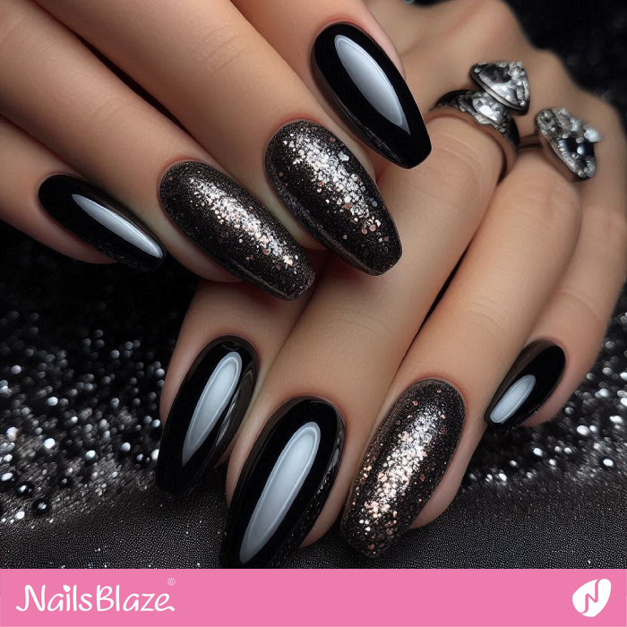 Black Chrome Nails with Glitter Accents | Chrome Nails - NB5316