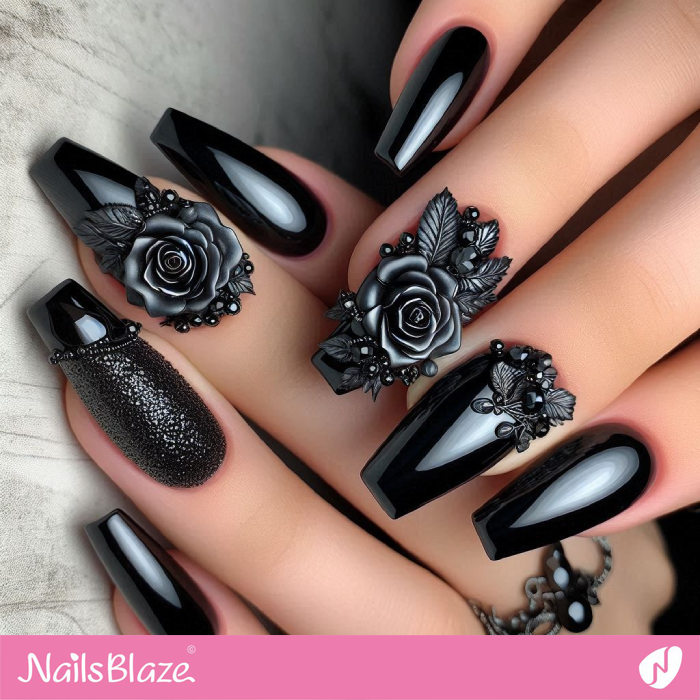 Black Chrome Coffin Nails with Flowers | Chrome Nails - NB5318