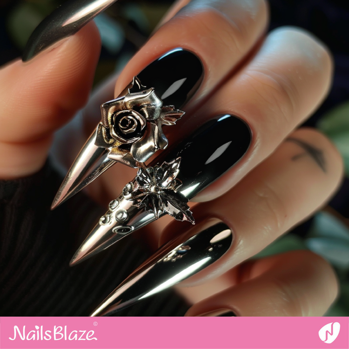 Chrome Stiletto Nails Rose Design | Chrome Nails - NB5302