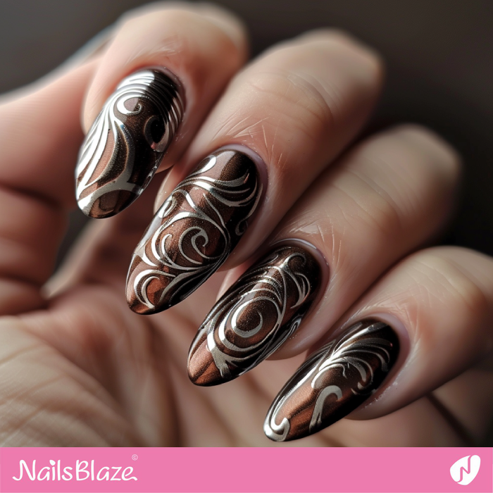 Brown Chrome Nails with Silver Swirls | Chrome Nails - NB5321