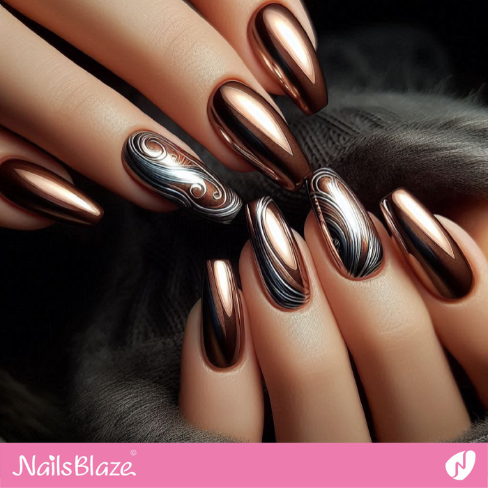 Swirls Pattern Brown Nails Design | Chrome Nails - NB5322