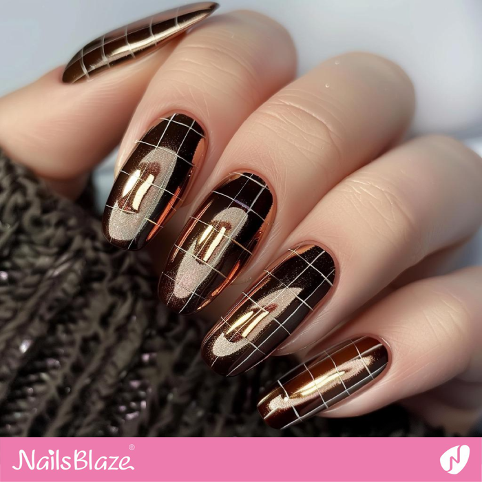 Brown Chrome Nails with Grid Design | Chrome Nails - NB5323