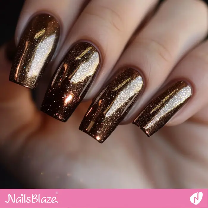 Brown Chrome Nails Glitter Design | Chrome Nails - NB5324