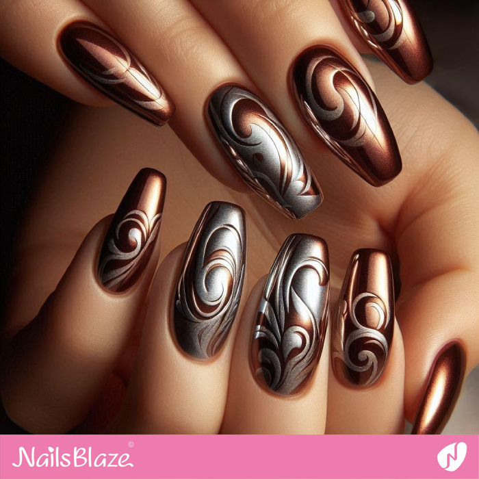 Silver and Brown Chrome Swirl Nails | Chrome Nails - NB5325