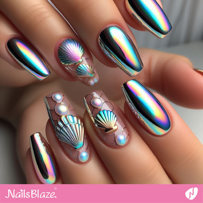 Mermaid Chrome Nails with Seashells | Chrome Nails - NB5330