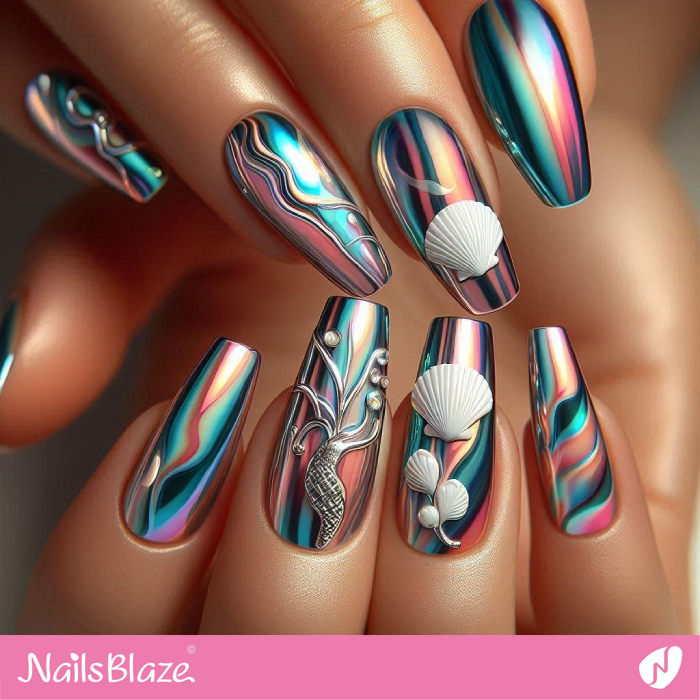 3D Mermaid Chrome Nails Design | Chrome Nails - NB5339