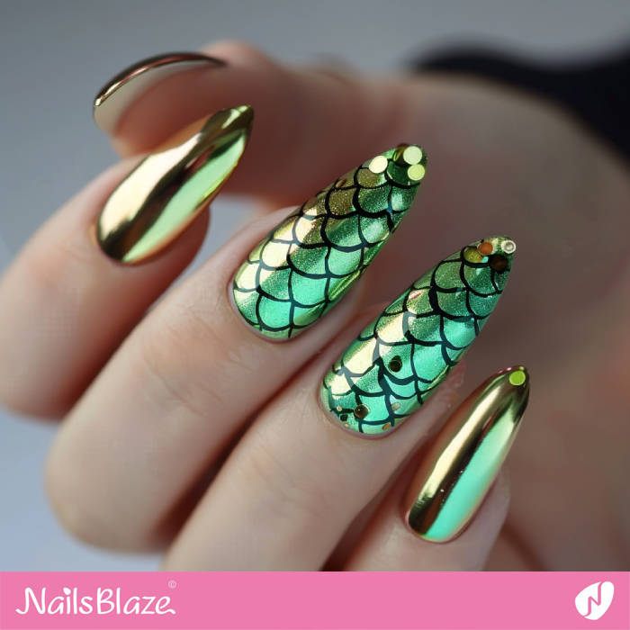 Green and Gold Mermaid Chrome Nails | Chrome Nails - NB5332