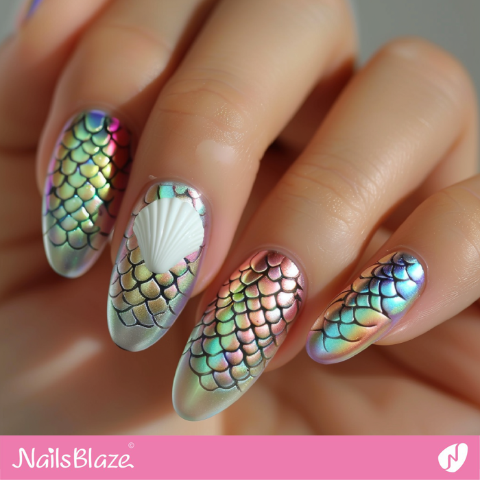 Mermaid Chrome Nails with Seashell Accent | Chrome Nails - NB5335