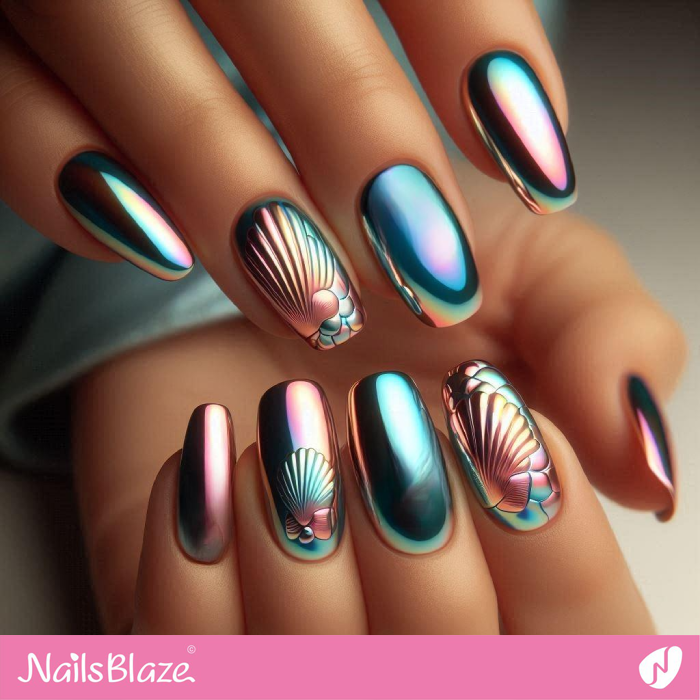 Mermaid Chrome Nails with 3D Seashells | Chrome Nails - NB5338