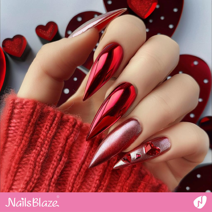 Long Pointy Stiletto Design for Red Metallic Shade Nails | Chrome Nails - NB5292