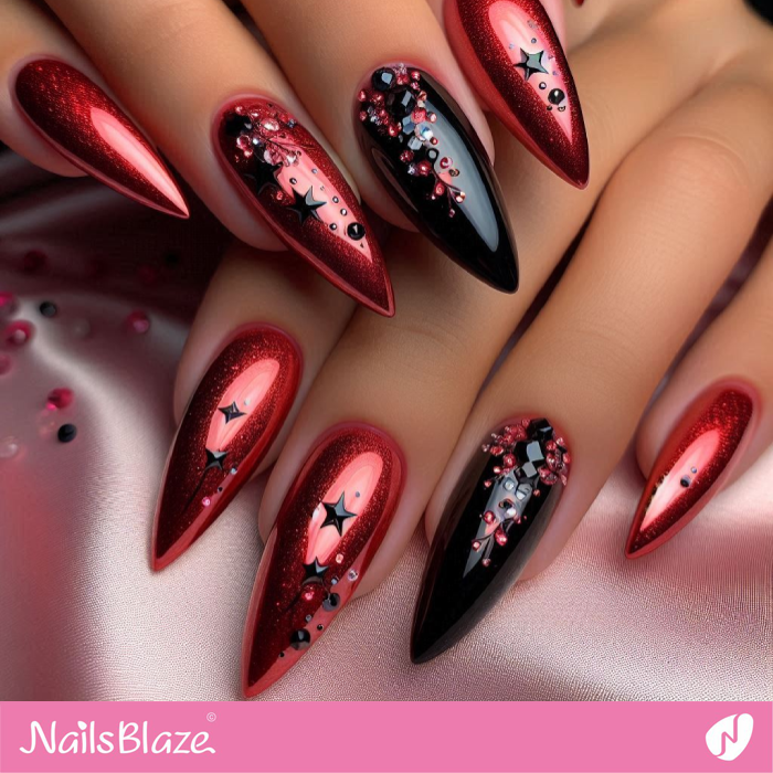 Black and Red Chrome Star Nails | Chrome Nails - NB5293