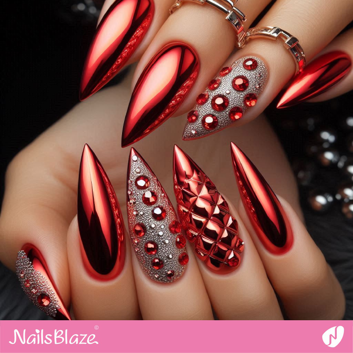 Embellished Red Chrome Nails | Chrome Nails - NB5295