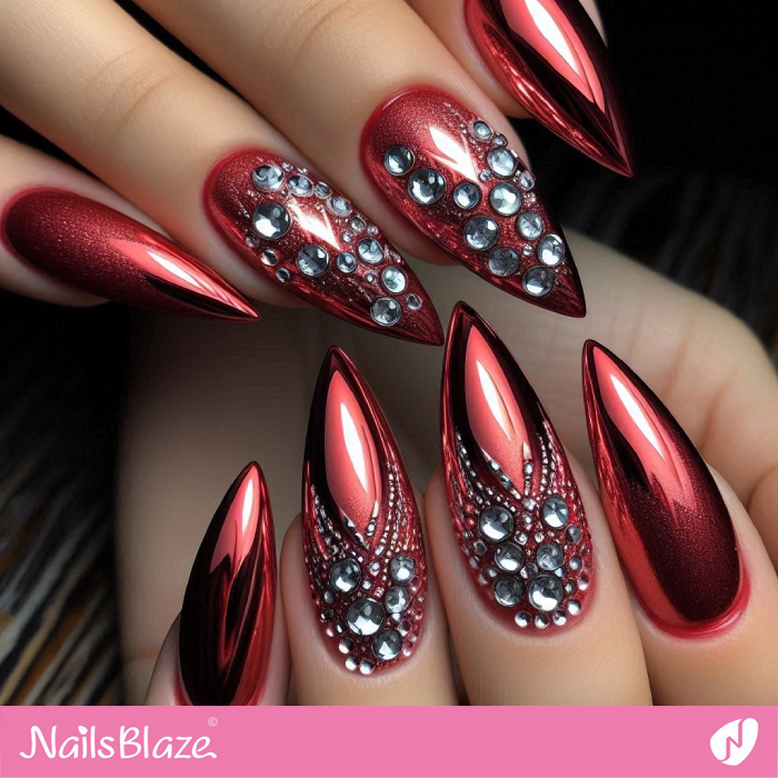 Red Chrome Nails with Rhinestones | Chrome Nails - NB5298