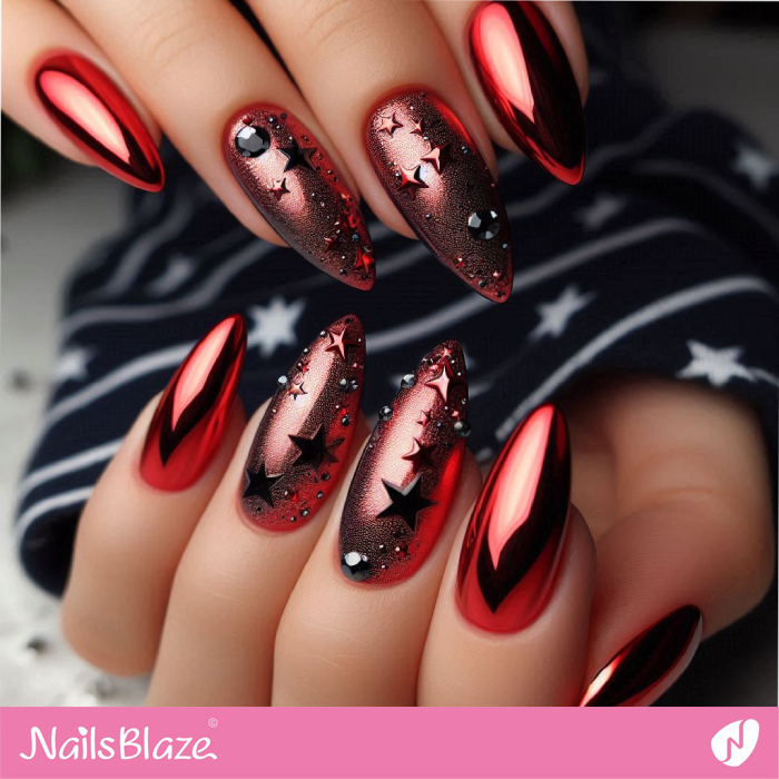 Almond Red Chrome Nails with Stars Design | Chrome Nails - NB5299