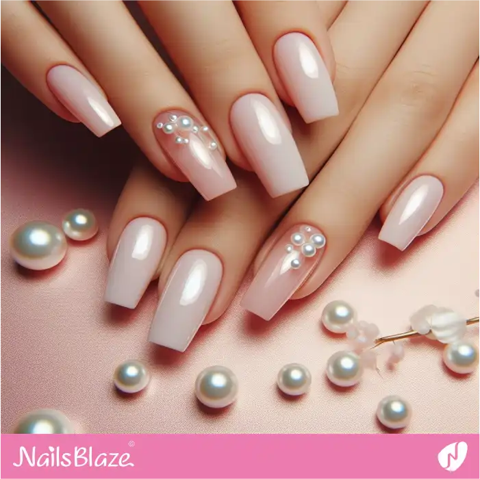 Long Sheer Pink Nails with Pearls | Classy Nails - NB4038