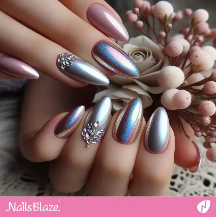Iridescent Pearl Nails with Charms | Classy Nails - NB4045
